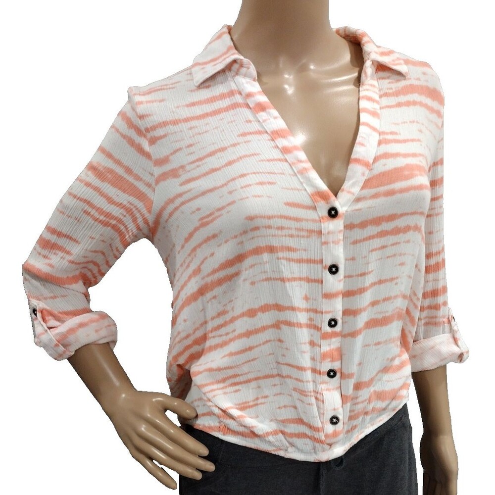 Indigo Poppy Women's Small Coral Pink White Striped Long Sleeve Buttoned Blouse